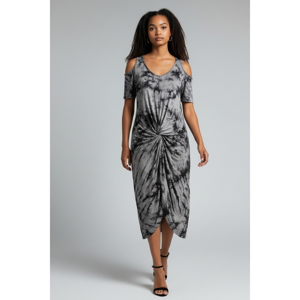 Wekili Grey Black Tie Dye Cold Shoulder Front Knot Midi Dress Womens Medium